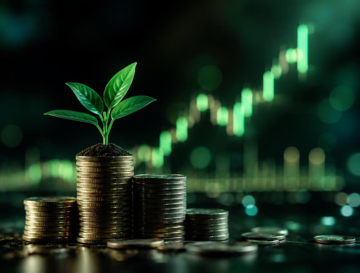 Moedas empilhadas com uma pequena planta e gráfico em alta ao fundo