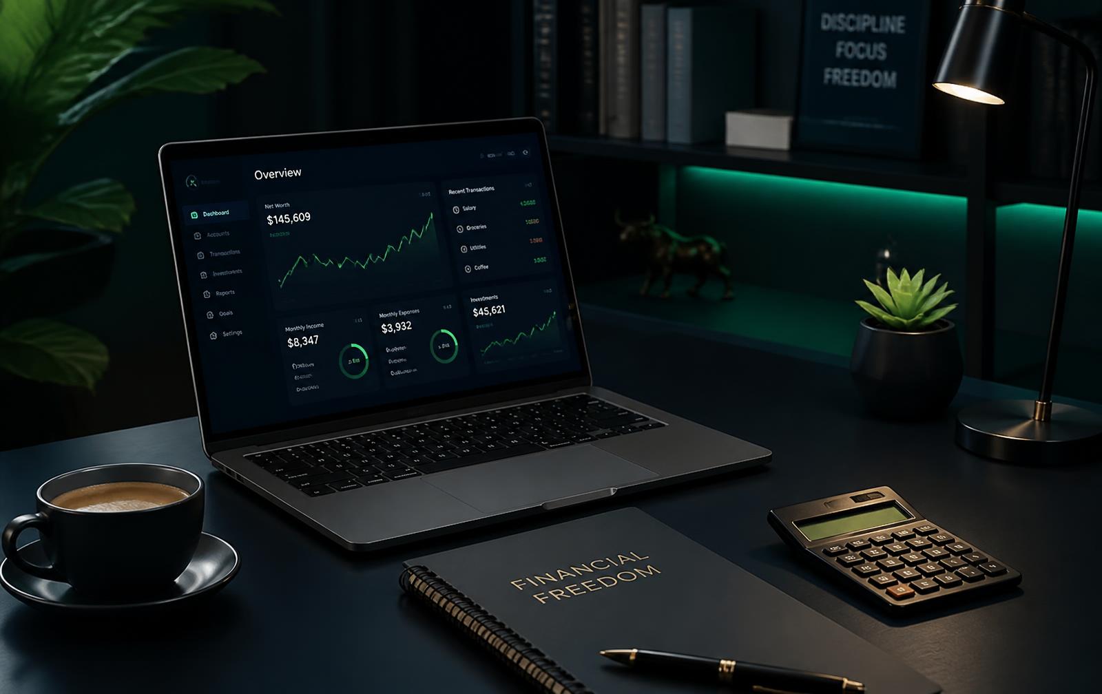Painel de finanças pessoais em um notebook sobre uma mesa de trabalho